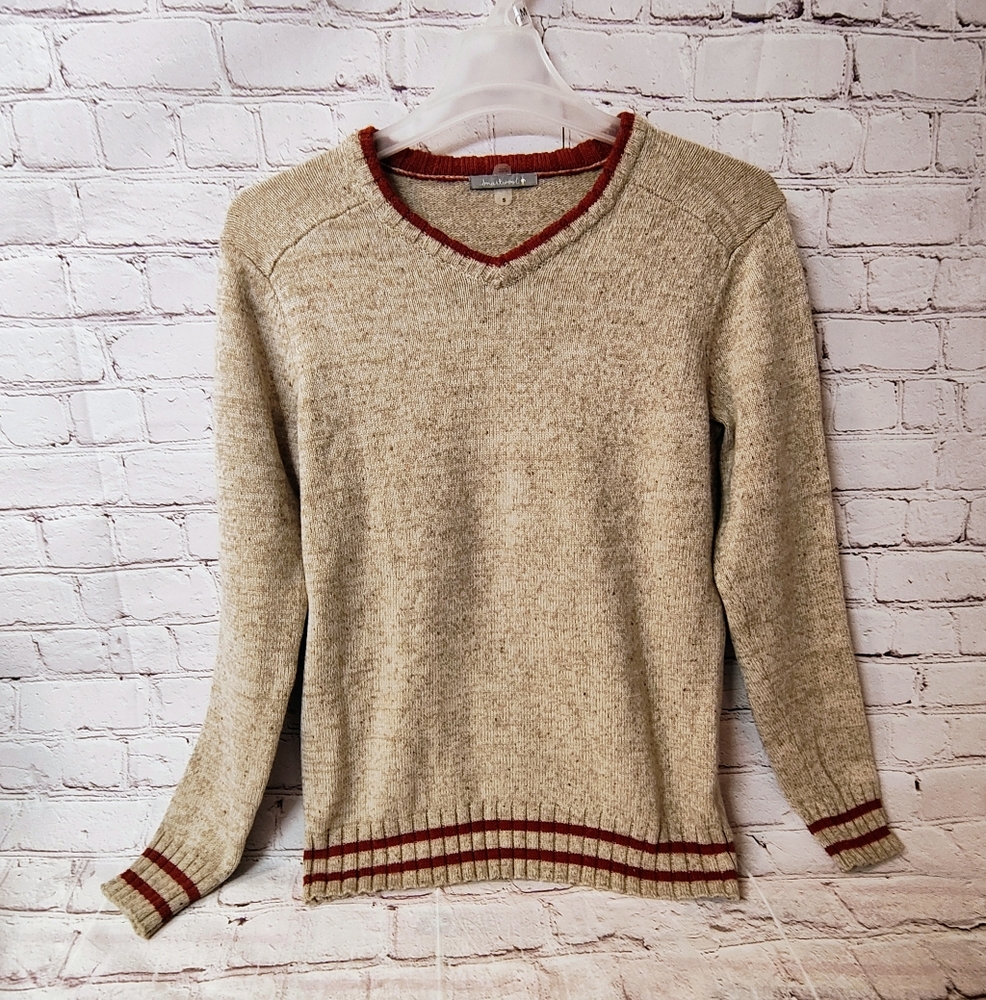 Smartwool Mens V Neck Merino Varsity Small Sweater Beige Oatmeal Academia Preppy
